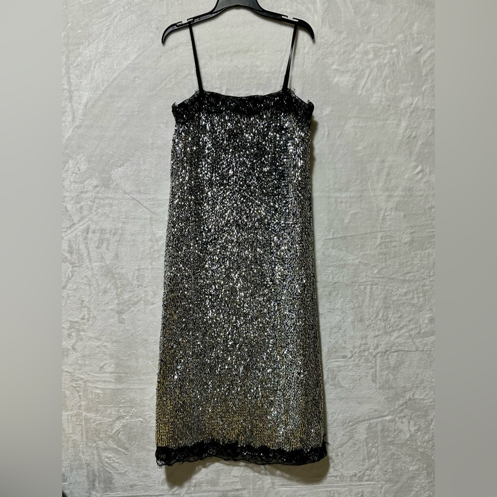 Lilly Sisto x GB Allegra Silver Sequin Black Lace Square Neck MIDI Dress Size 0